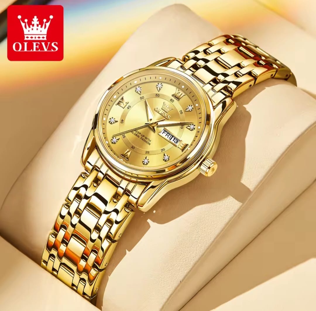 OLEVS 5513 Water Resistant Stainless Steel Luminous Couple Watch - Gold