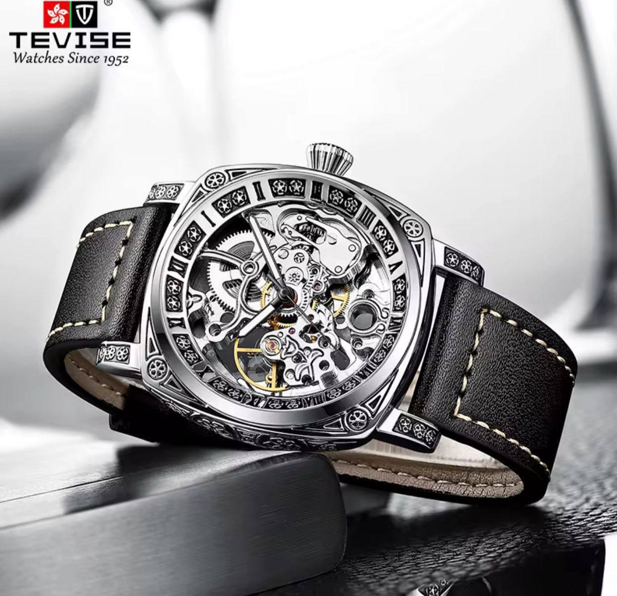 TEVISE SKELETON DESIGN Automatic Genuine Leather Men's Watch