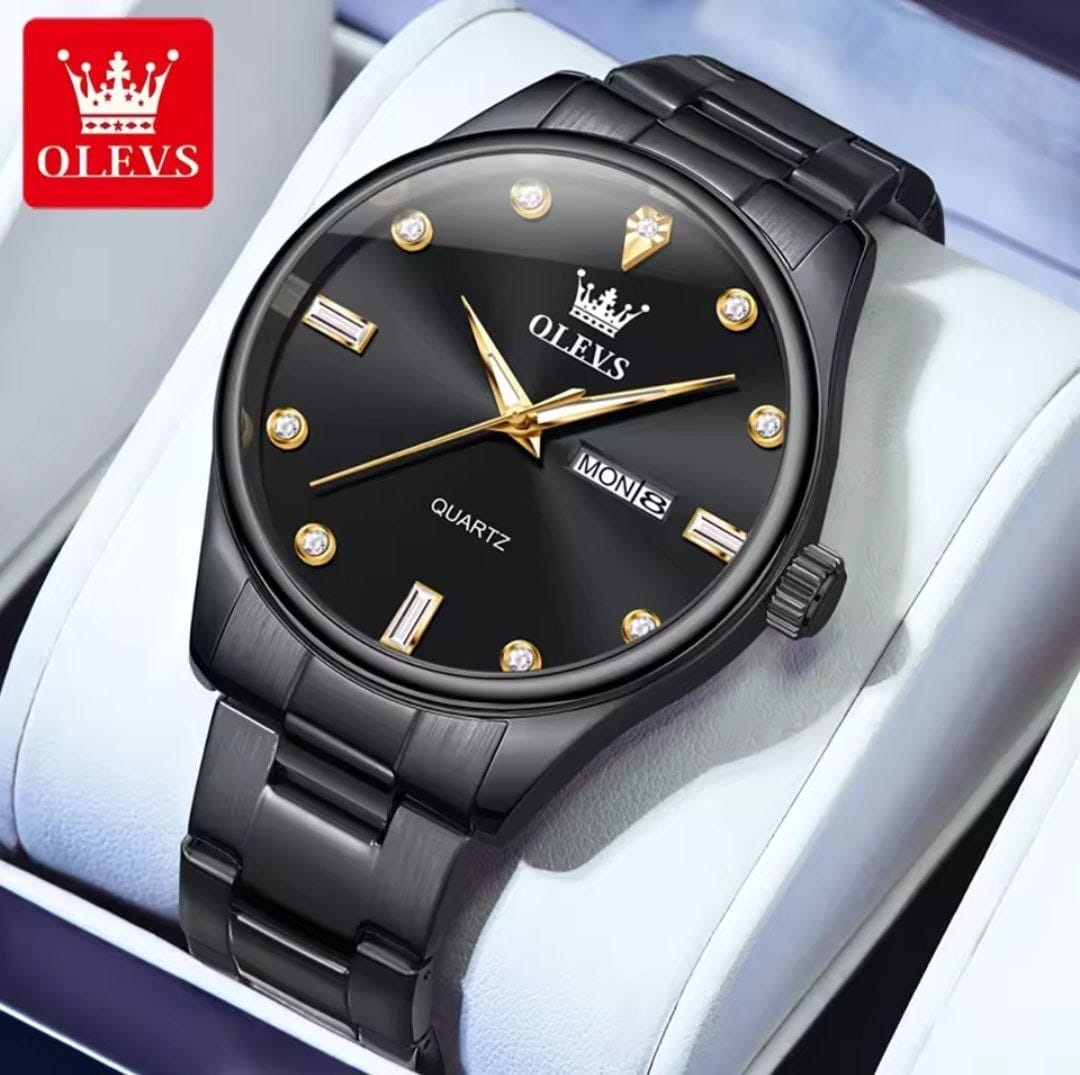 OLEVS 3621 Water Proof Stainless Steel Date Display Couple Watch - Black