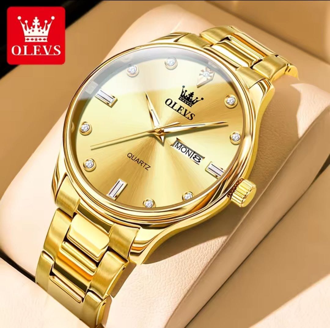 OLEVS 3621 Water Proof Stainless Steel Date Display Couple Watch - Gold