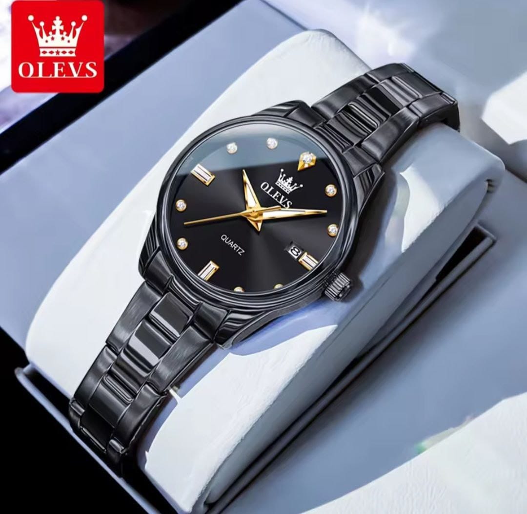 OLEVS 3621 Water Proof Stainless Steel Date Display Couple Watch - Black