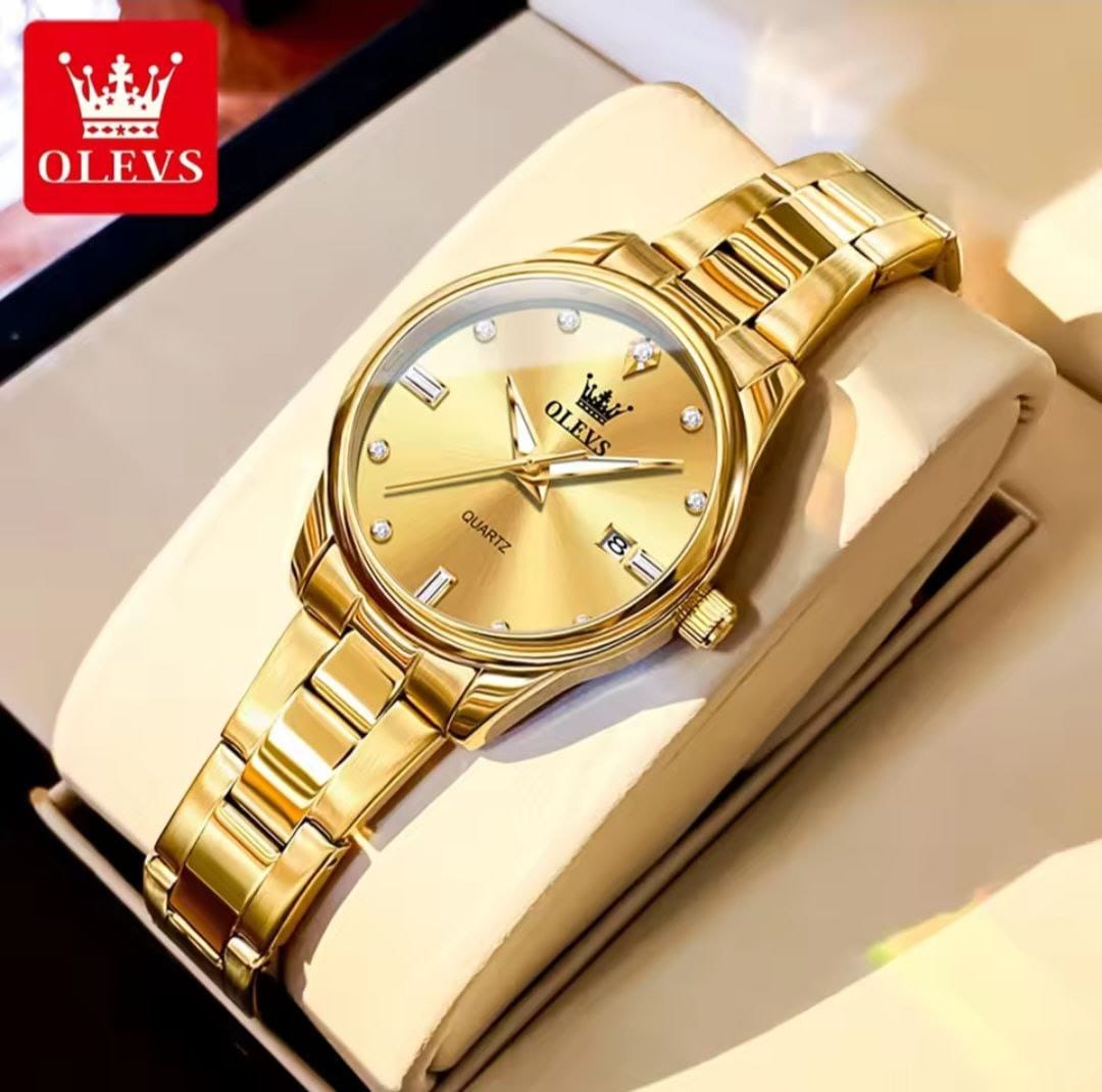OLEVS 3621 Water Proof Stainless Steel Date Display Couple Watch - Gold