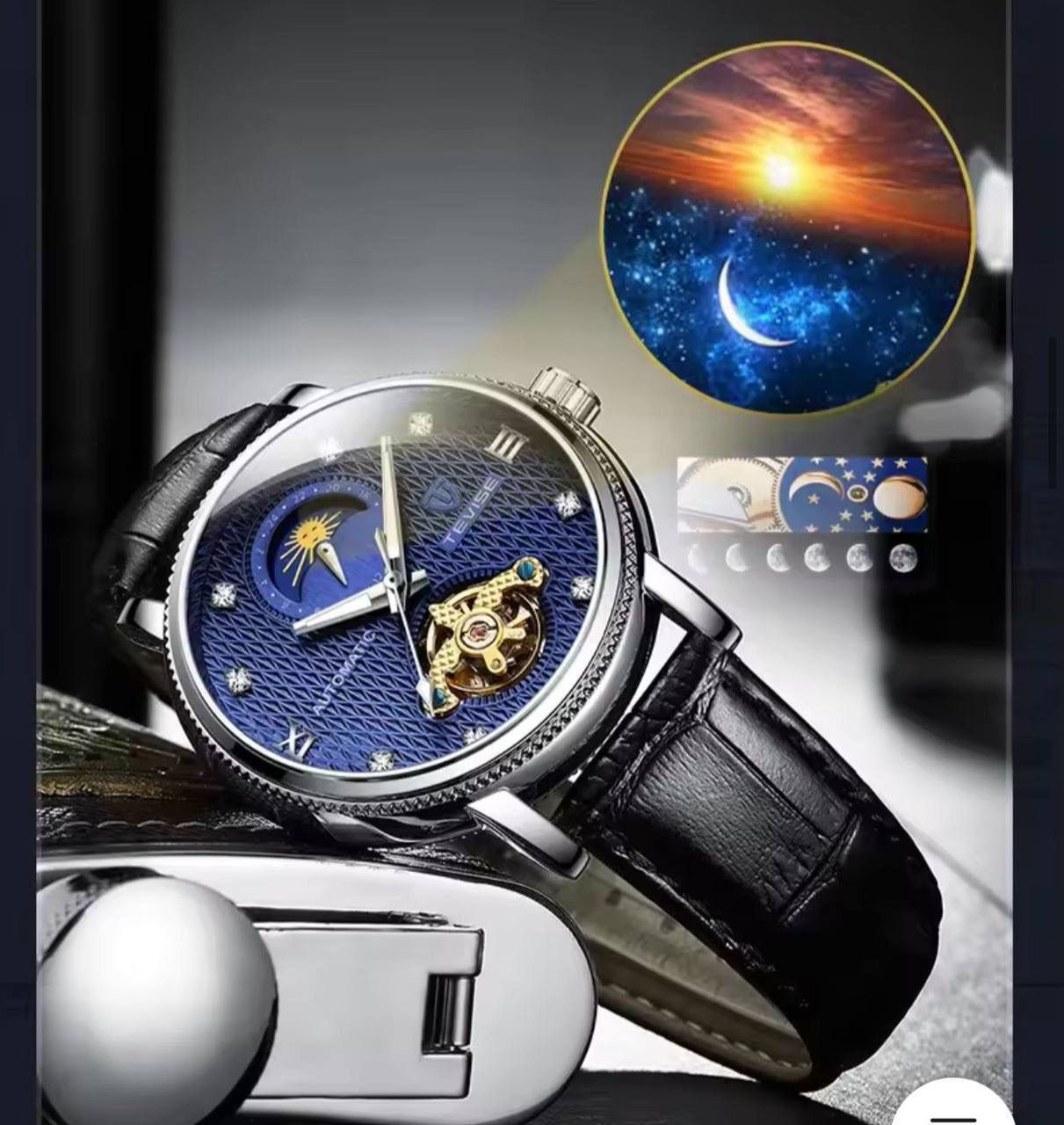 TEVISE MOON PHASE Automatic Genuine Leather Men's Watch