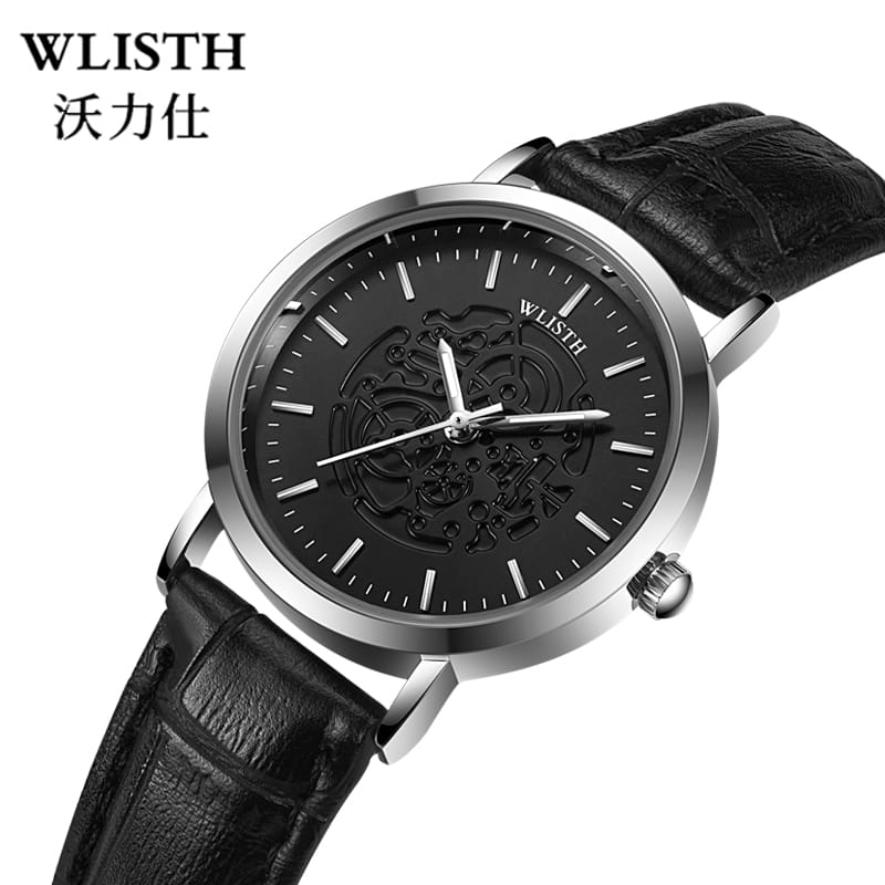 WLISTH Leather Strap Water Resistant Couple Watch - Black