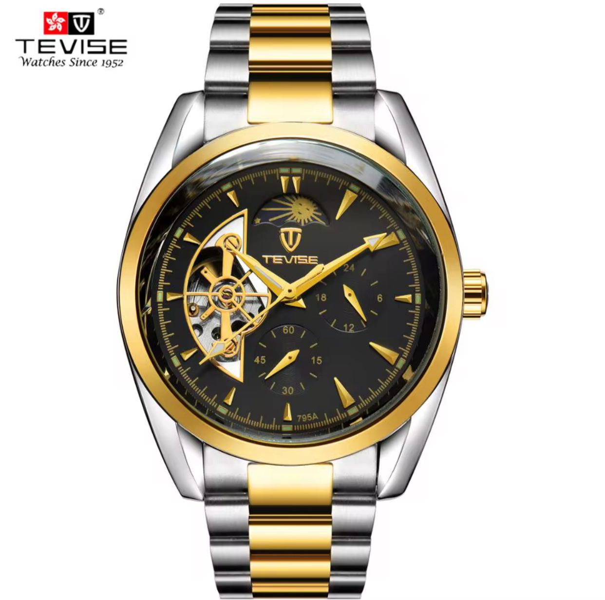 TEVISE 795A Automatic Mechanical Stainless Steel Men's Watch Gold Black