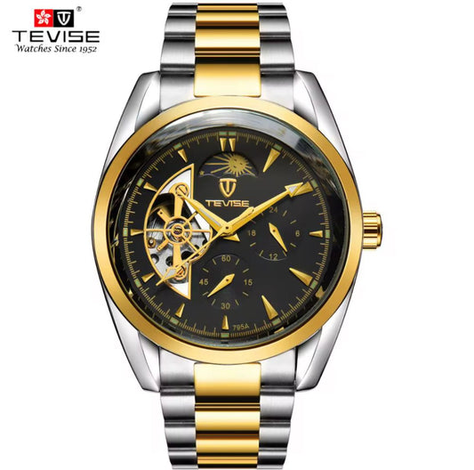 TEVISE 795A Automatic Mechanical Stainless Steel Men's Watch Gold Black