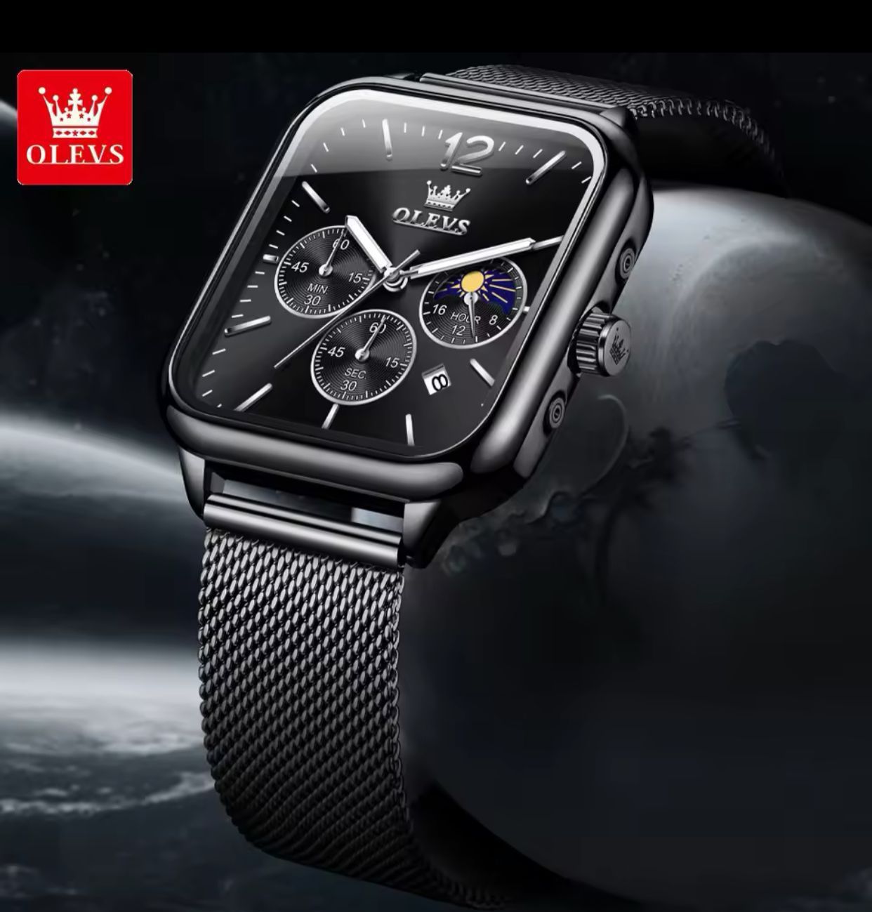 OLEVS Stainless Steel Mesh Strap Chronograph Water Proof Men's Watch - Black