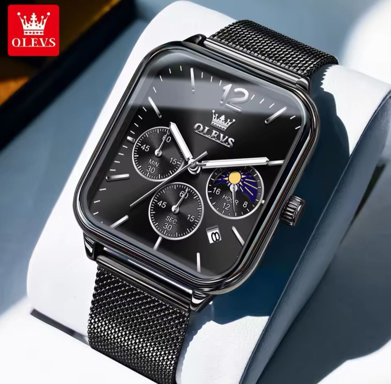 OLEVS Stainless Steel Mesh Strap Chronograph Water Proof Men's Watch - Black