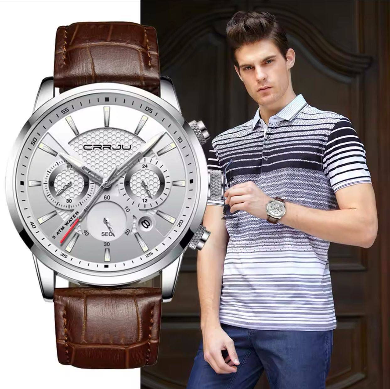 CRRJU Chronograph Water Proof Genuine Leather Men's Watch