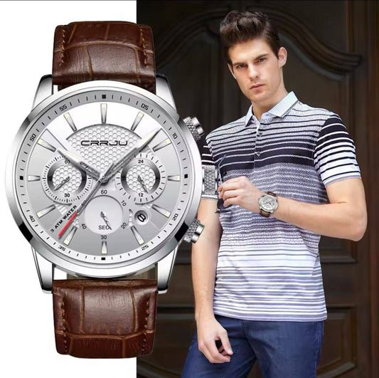CRRJU Chronograph Water Proof Genuine Leather Men's Watch