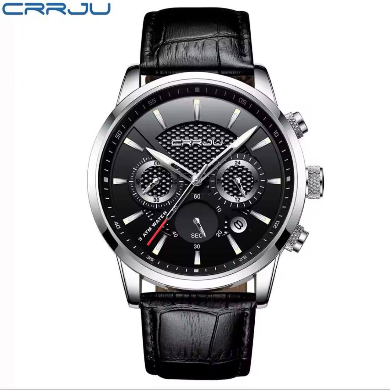 CRRJU Chronograph Water Proof Genuine Leather Men's Watch - Black