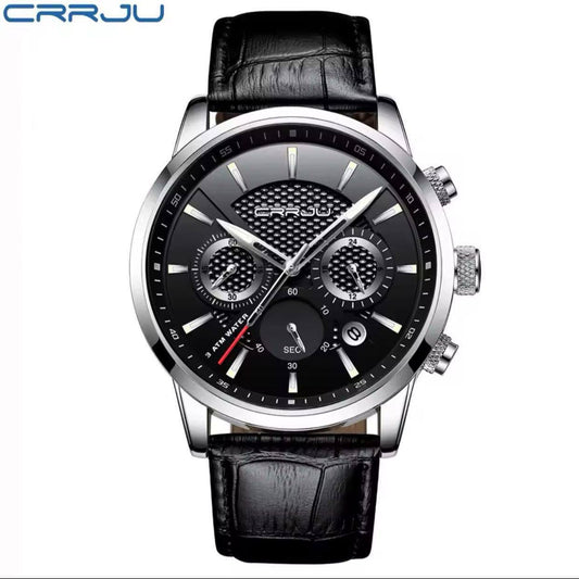 CRRJU Chronograph Water Proof Genuine Leather Men's Watch - Black
