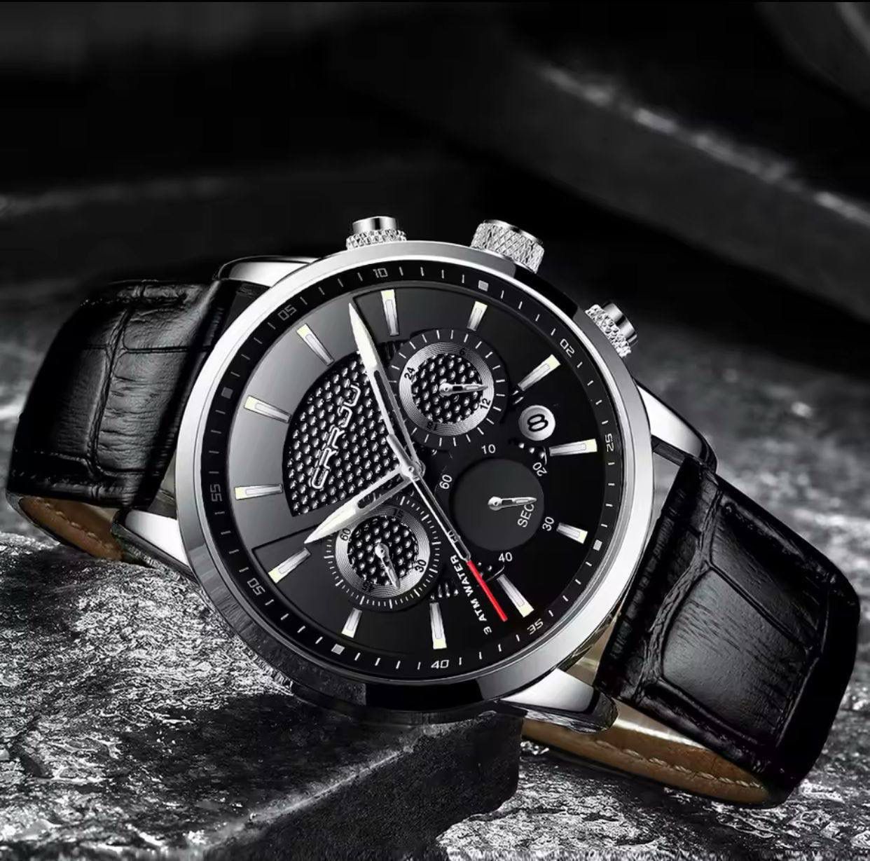 CRRJU Chronograph Water Proof Genuine Leather Men's Watch - Black