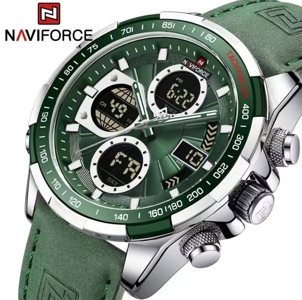 NAVIFORCE NF9197 Water Proof Genuine Leather Men's Watch - Green