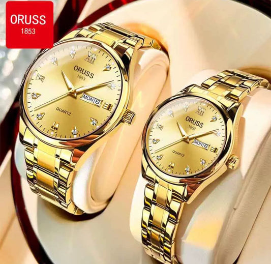 ORUSS Stainless Steel Water Resistant Couple Watch - Gold