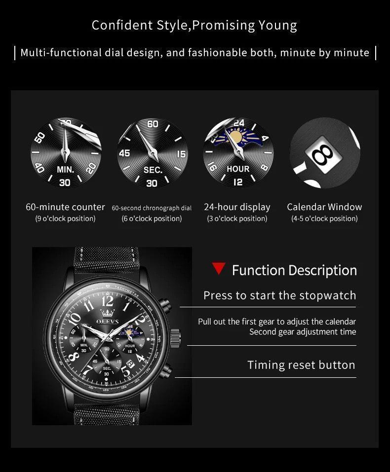 OLEVS Chronograph Canvas/Leather Strap Men's Watch