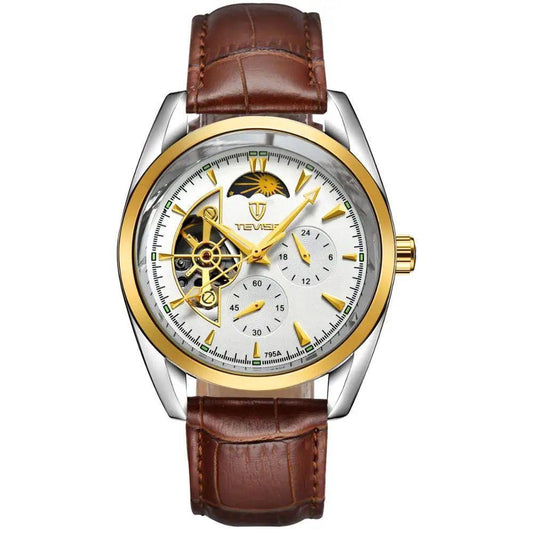 TEVISE 795A Automatic Mechanical Genuine Leather Men's Watch Gold