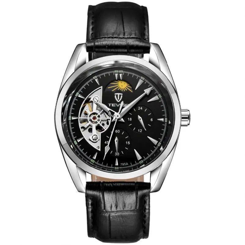 TEVISE 795A Automatic Mechanical Genuine Leather Men's Watch Black