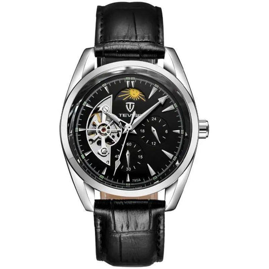 TEVISE 795A Automatic Mechanical Genuine Leather Men's Watch Black