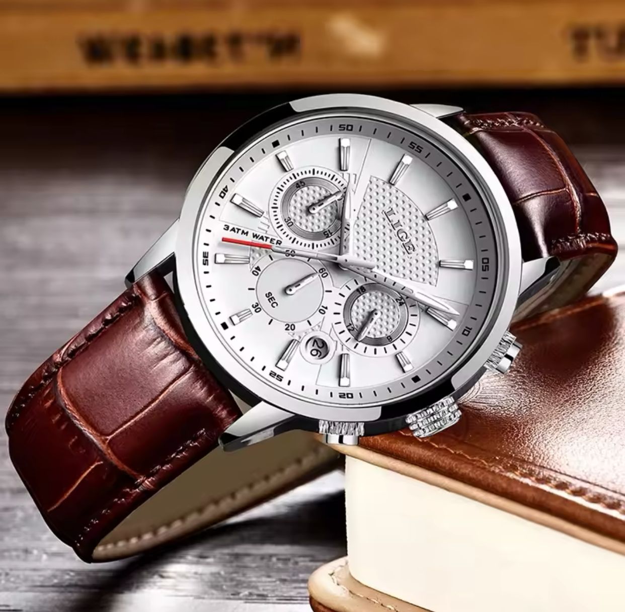 LIGE Chronograph Water Proof Luminous Genuine Leather Men's Watch - White