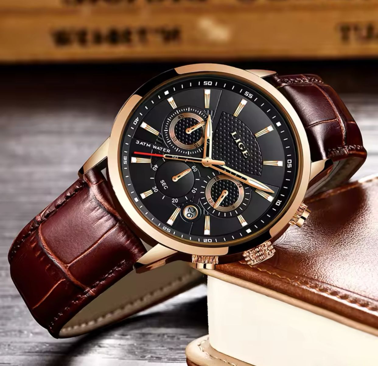 LIGE Chronograph Water Proof Luminous Genuine Leather Men's Watch - Brown
