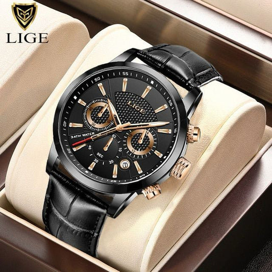 LIGE Chronograph Water Proof Luminous Genuine Leather Men's Watch - Black