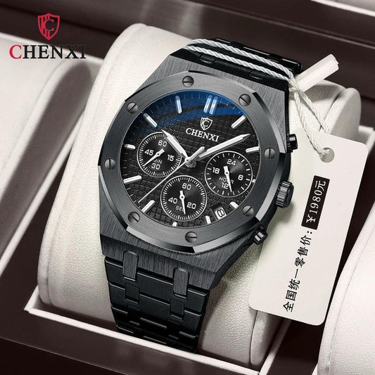 CHENXI Hexagonal Chronograph Stainless Steel Luminous Men's Watch - Black