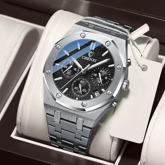 CHENXI Hexagonal Chronograph Stainless Steel Luminous Men's Watch - Silver