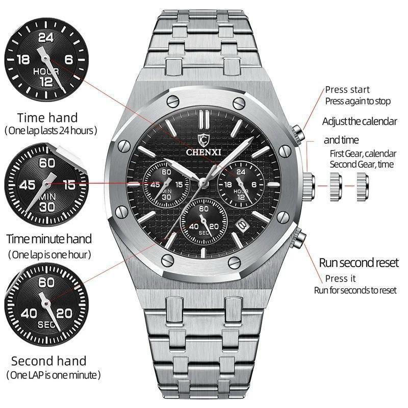CHENXI Hexagonal Chronograph Stainless Steel Luminous Men's Watch - Silver