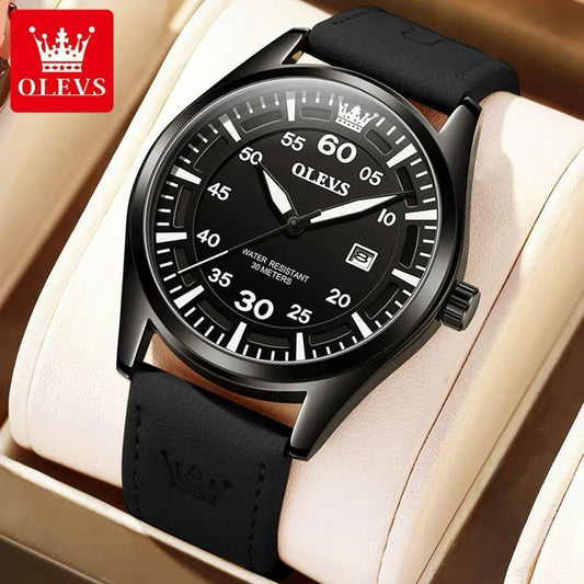 OLEVS 9962 Genuine Leather Strap Water Proof Men's Watch - Black