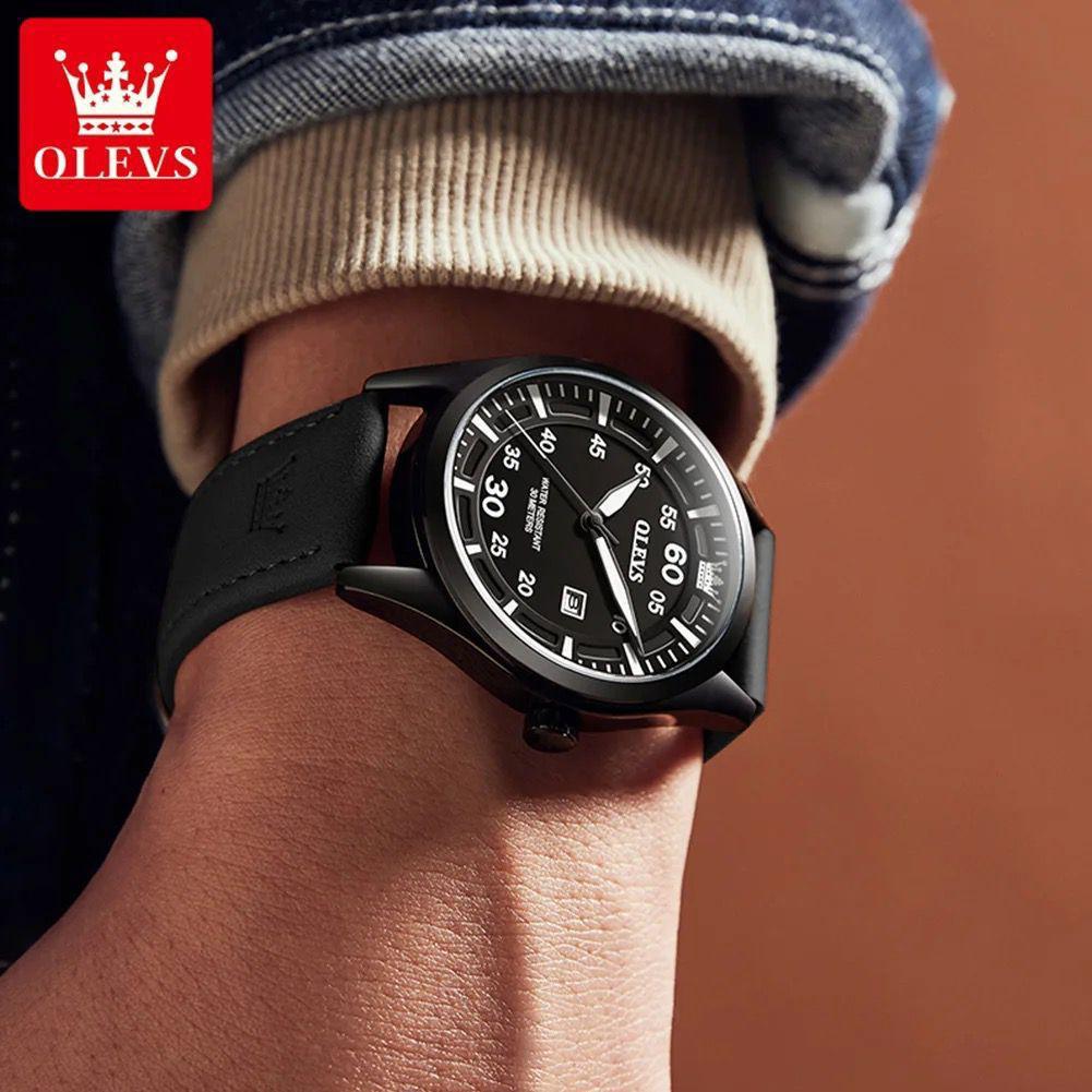 OLEVS 9962 Genuine Leather Strap Water Proof Men's Watch - Black