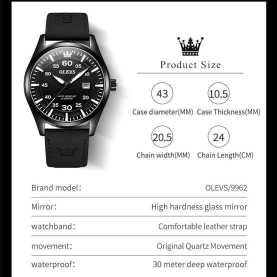 OLEVS 9962 Genuine Leather Strap Water Proof Men's Watch - Black