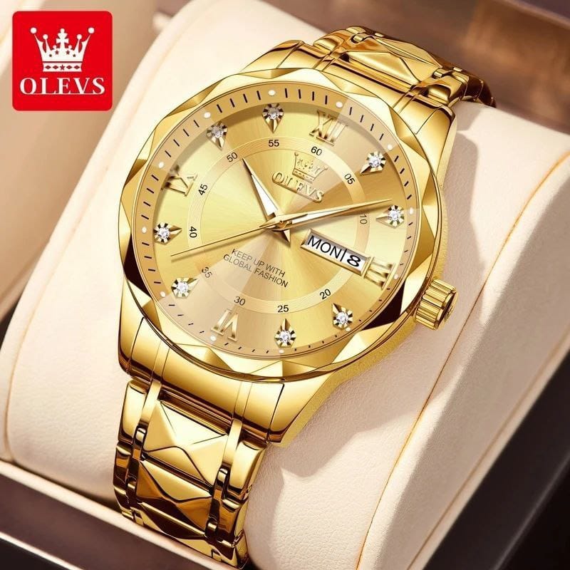 OLEVS 5609 Water Proof Stainless Steel Men's Watch - Gold