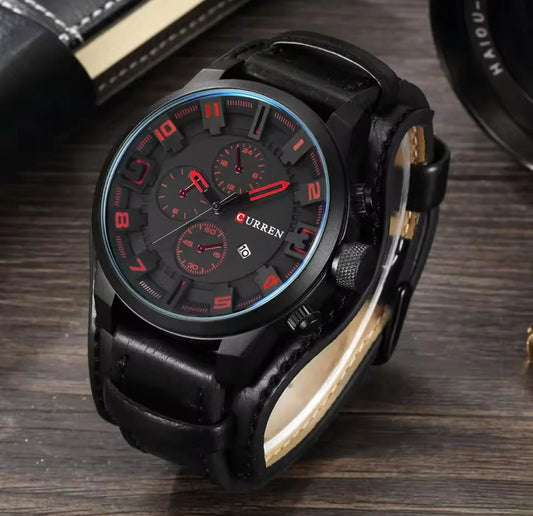 CURREN 8225 Genuine Leather Water Resistant Men's Watch - Black Red