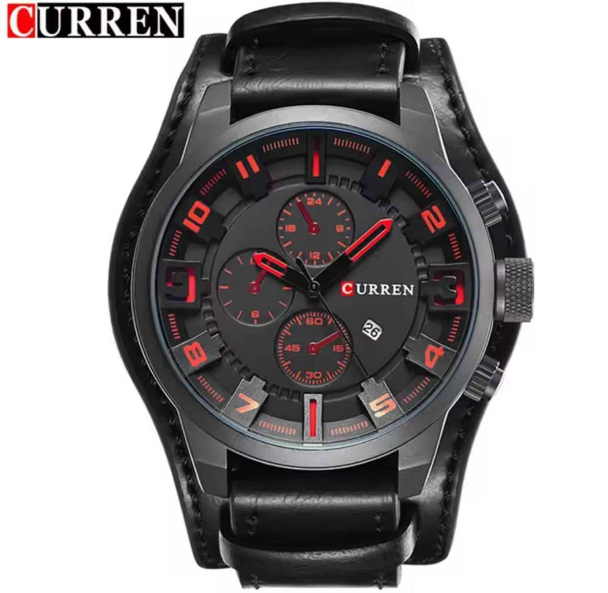 CURREN 8225 Genuine Leather Water Resistant Men's Watch - Black Red