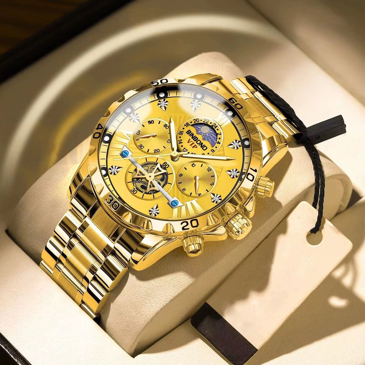 BINBOND 3103 Seconds Wheel MoonPhase Water Proof Men's Watch - Silver Blue