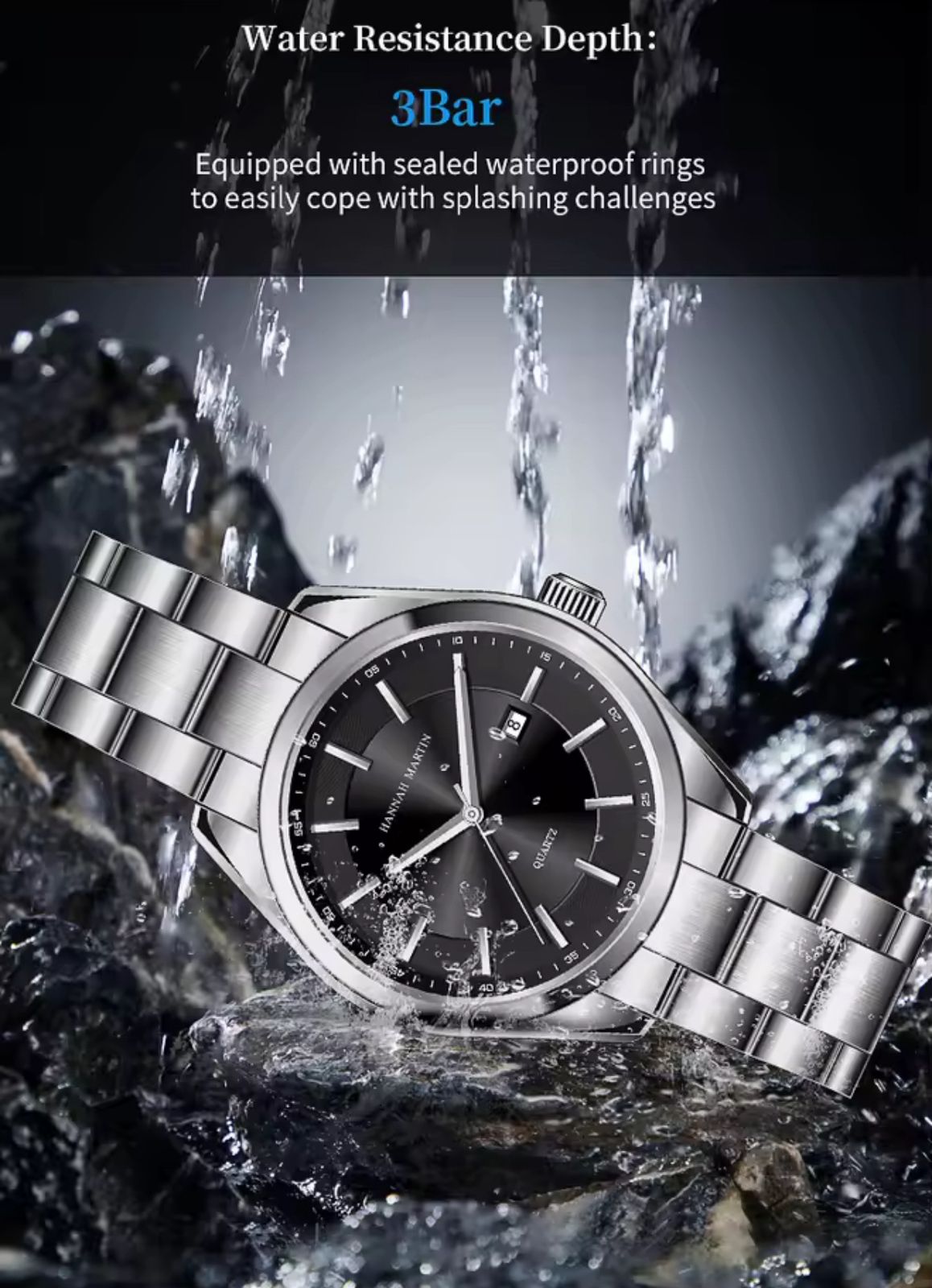 Hannah Martin 1381 Stainless Steel Water Resistant Men's Watch - Silver Black