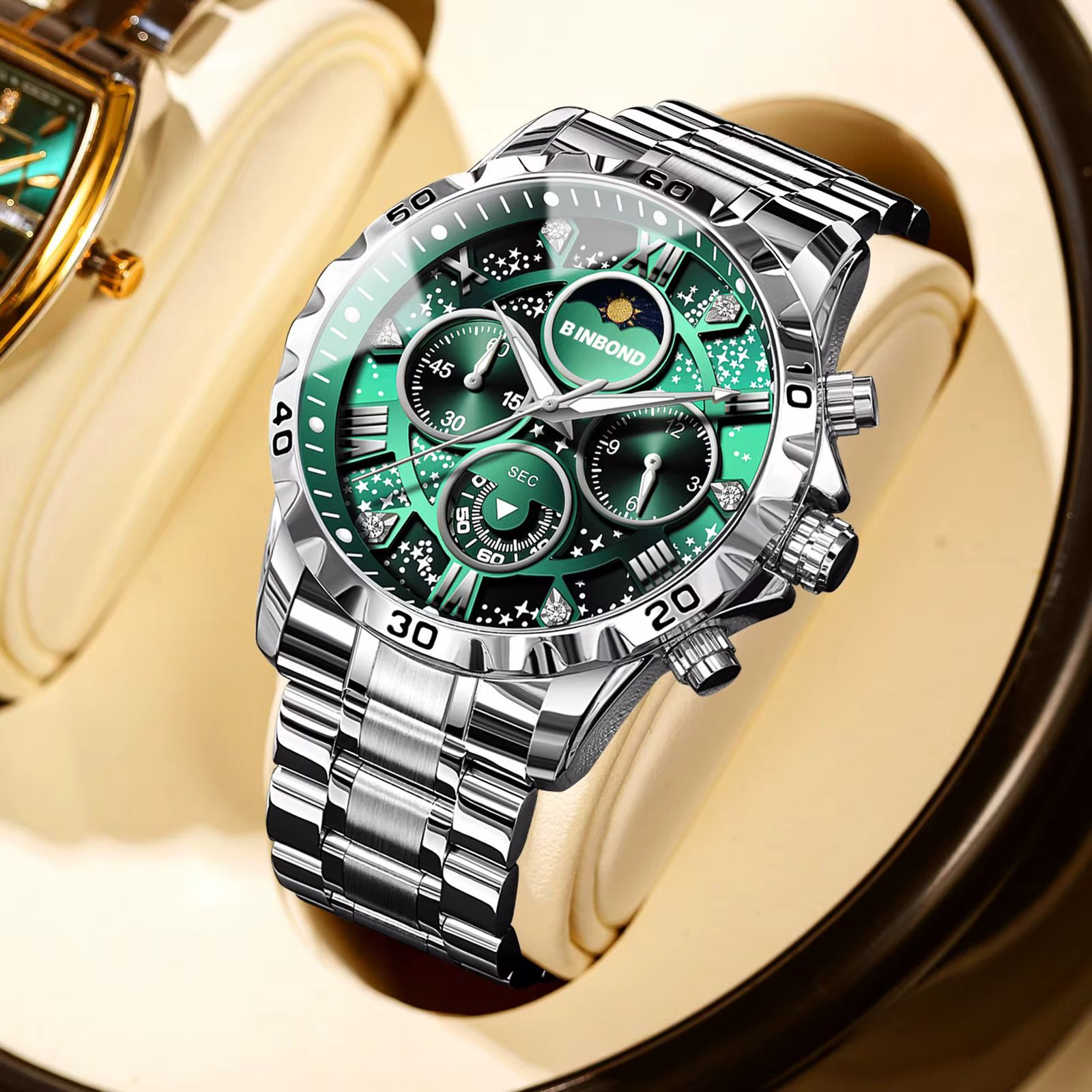 BINBOND Waterproof Luminous Chronograph Moon Phase Men's Watch