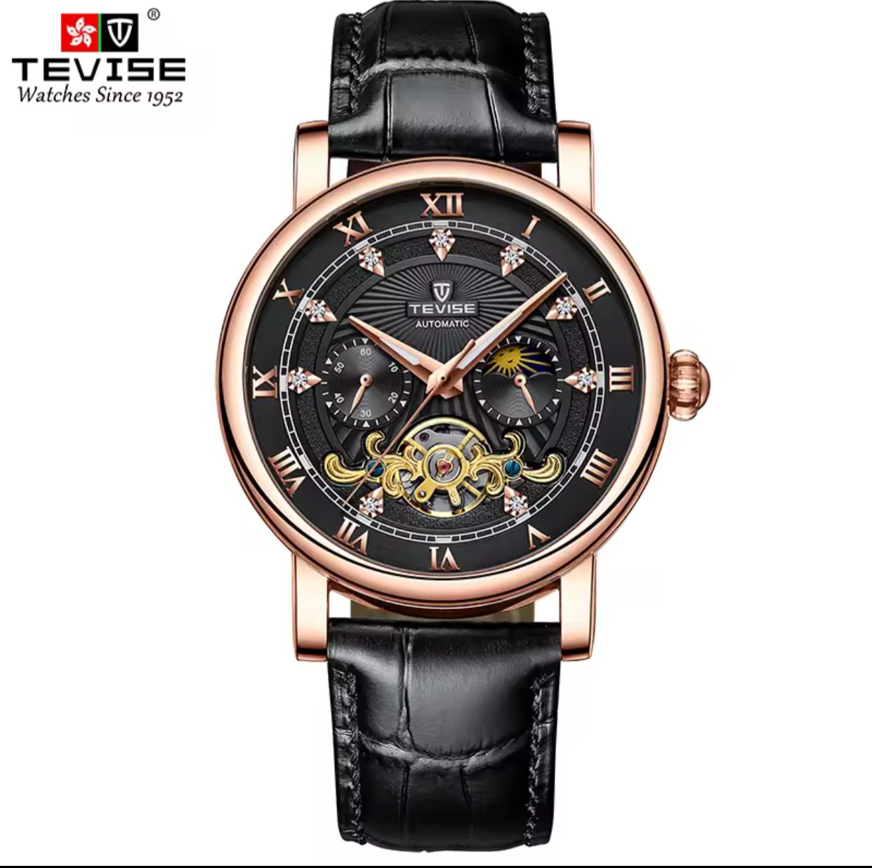 TEVISE 867 Automatic Mechanical Genuine Leather Men's Watch Black