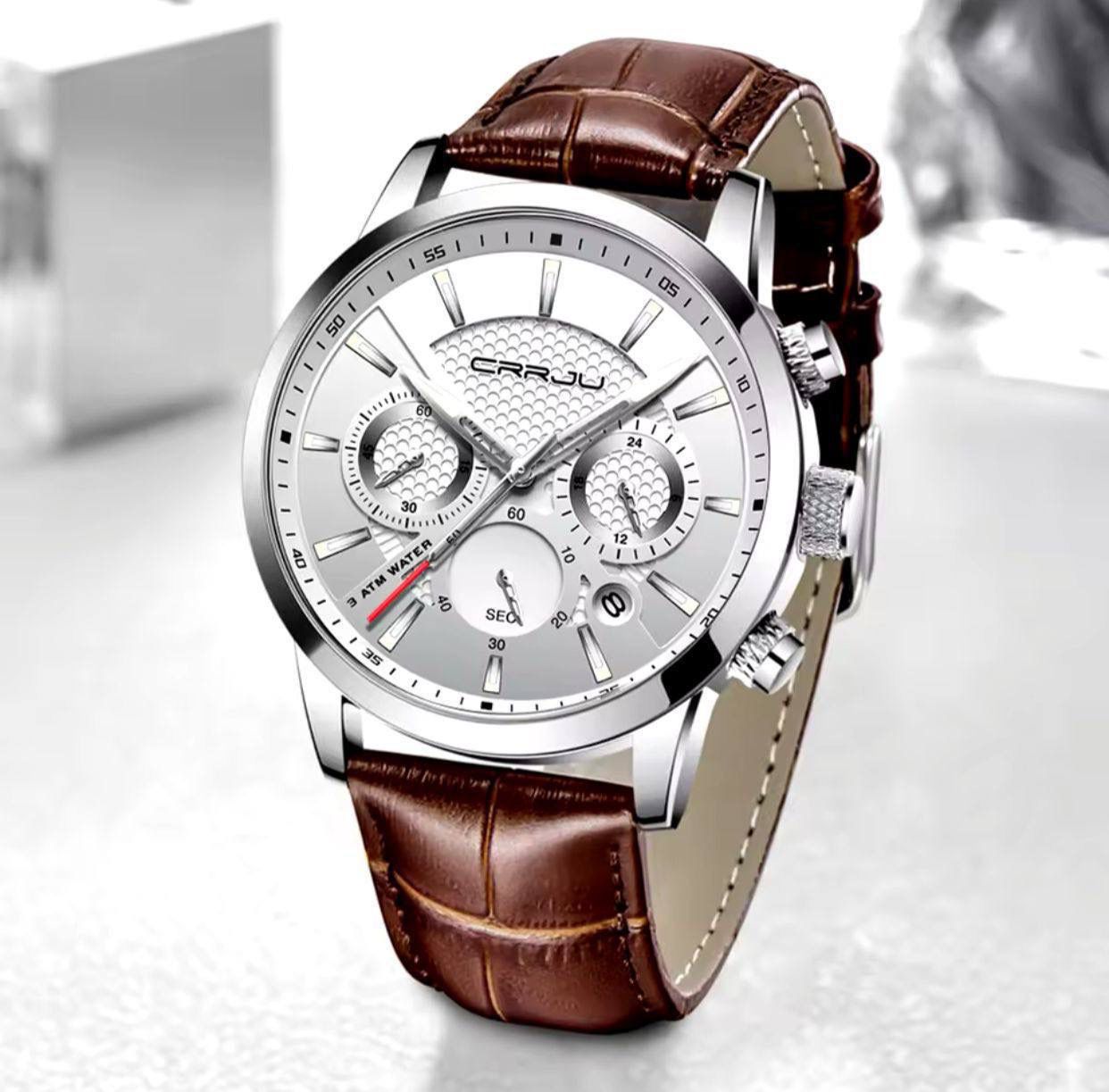 CRRJU Chronograph Water Proof Genuine Leather Men's Watch