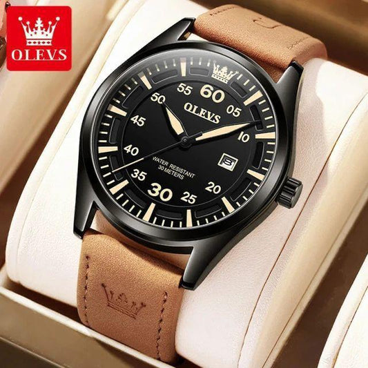 OLEVS 9962 Genuine Leather Strap Water Proof Men's Watch - Brown