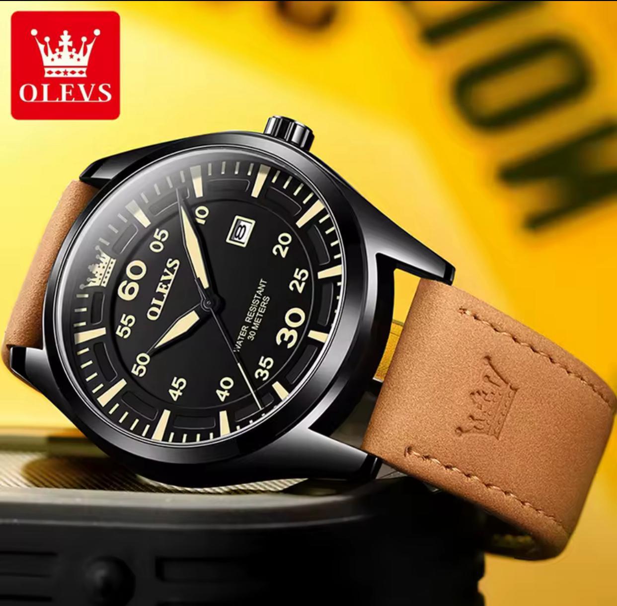 OLEVS 9962 Genuine Leather Strap Water Proof Men's Watch - Brown