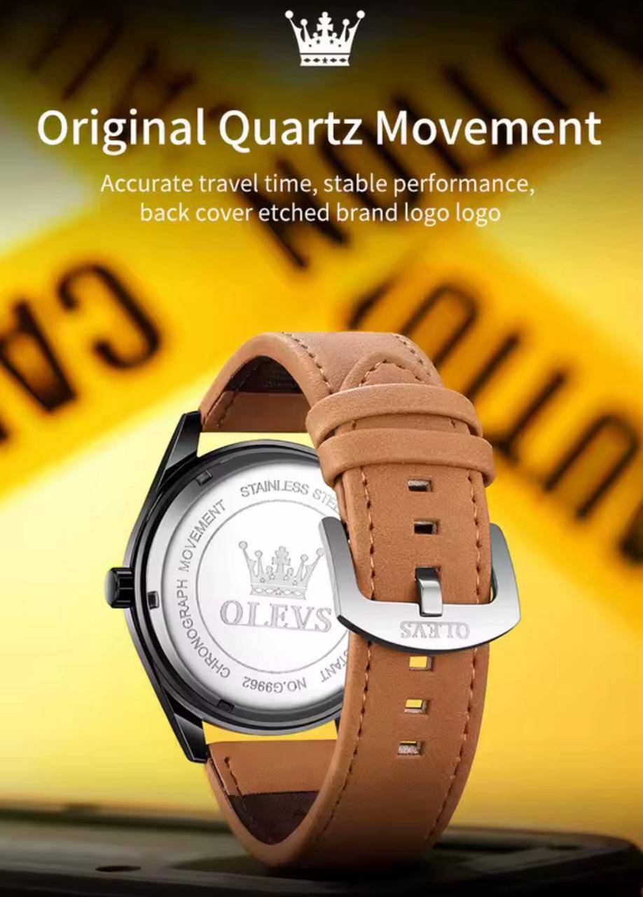 OLEVS 9962 Genuine Leather Strap Water Proof Men's Watch - Brown