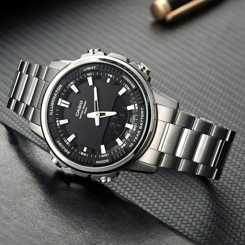 Casio Dual Time Stainless Steel Water Resistant Men's Watch - Silver Black